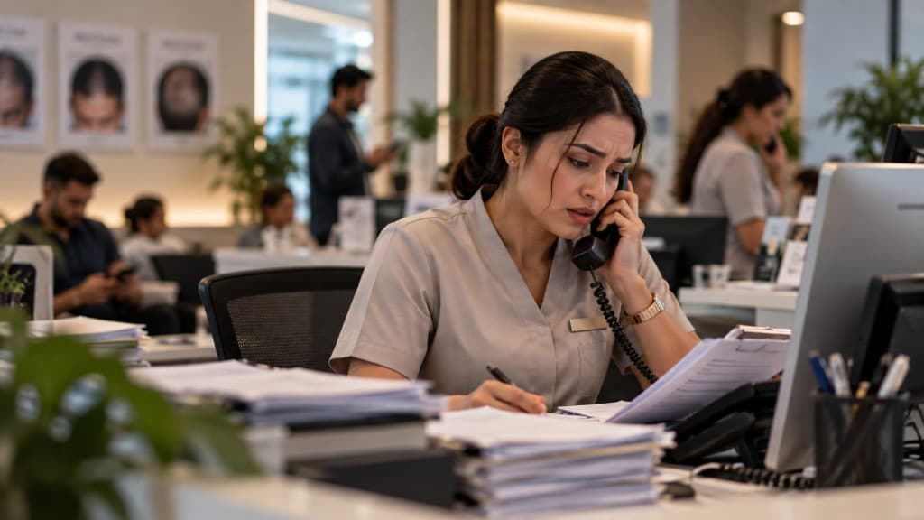 Receptionist handling clinic calls and paperwork